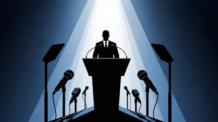 Man in suit at podium with microphones, spotlight, starry background.