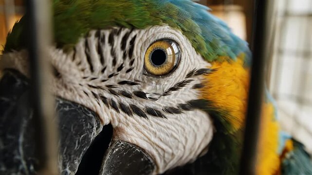 Colorful Macaw Parrot in a Cage - A Captivating Wildlife Portrait.
