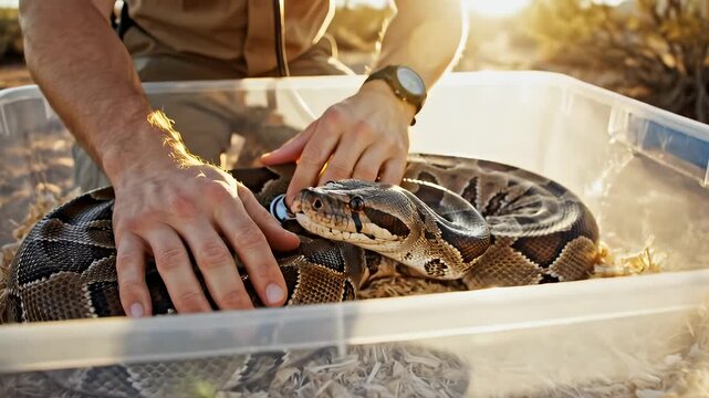 Man handling a large snake in a clear plastic container outdoors.