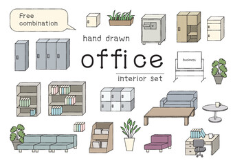 組み替えできる線画のオフィスインテリアのイラストセット