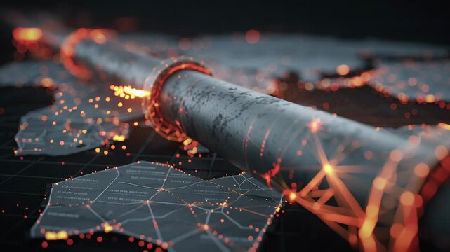 Global oil pipeline risk concept, fragmented pipeline network with central rupture point, soft cinematic lighting, strategic energy market illustration, oil pipeline conflict