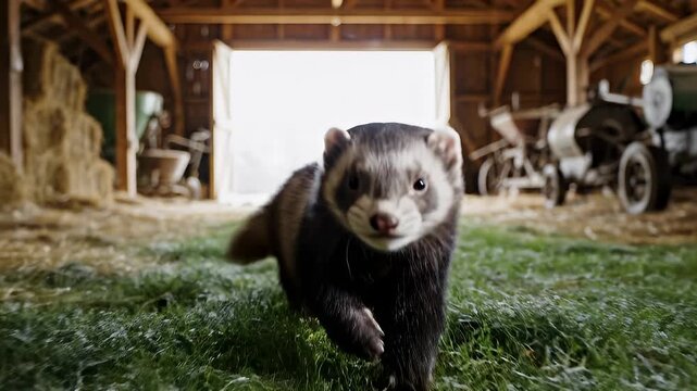 A Ferrets Joyful Run - Capturing the Playful Spirit in a Rustic Barn.