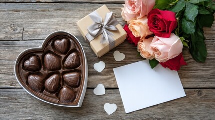 Valentine's day celebration heart-shaped chocolates gift box roses wooden table romantic setting family love