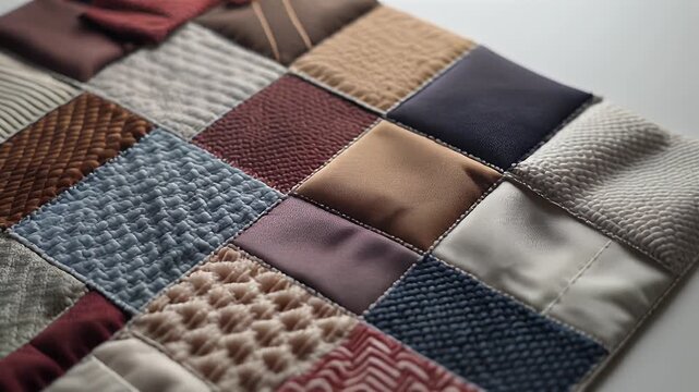 Intricate patchwork design showcasing a variety of textures and colors in fabric squares