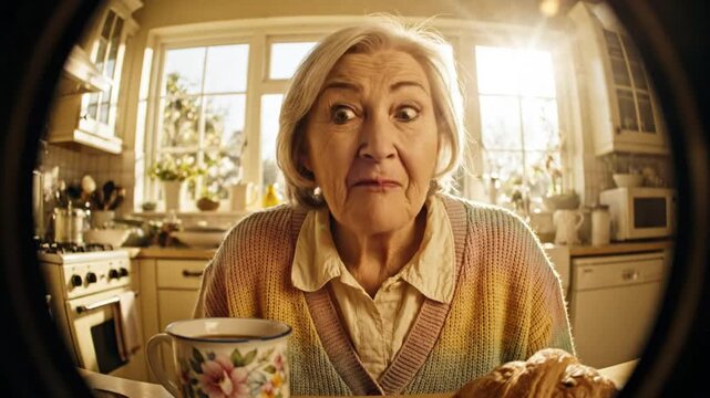 Elderly woman in kitchen surprised expression while enjoying a meal seen through a peephole