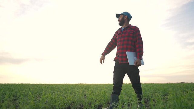 Farmer man points hand across field holding laptop. Modern technology guides agriculture work. Farmer oversees crop condition, manages green growth. Field inspection critical for strong future harvest
