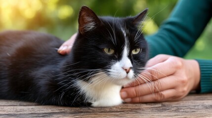 Obraz premium Caring for a black and white cat in a sunny garden pet photography intimate close-up nature setting calm mood