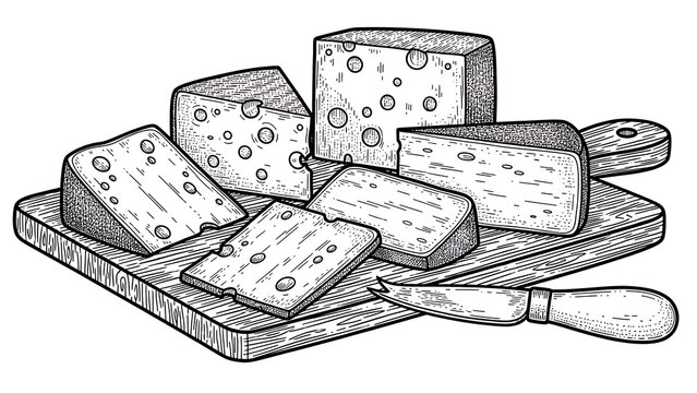cheese sliced on a cutting board color sketch engraving illustration T-shirt apparel print design Sc