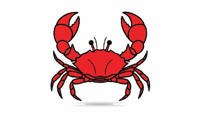 Simple and bold cartoon illustration of a bright red crab with its claws raised, casting a slight shadow on a clean white background.