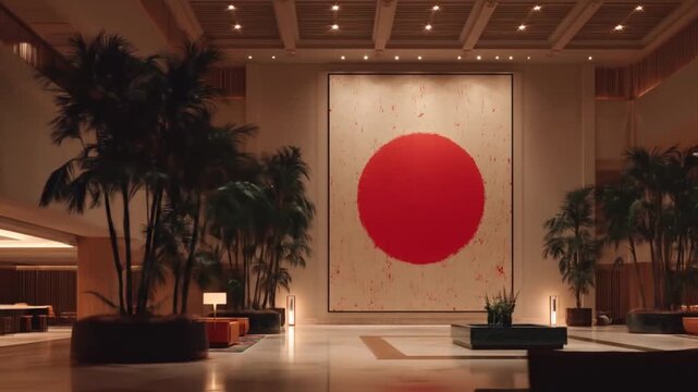 Large red circle art in a lobby surrounded by plants and chairs