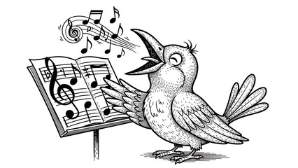 cartoon bird singing song by sheet music notes sketch engraving illustration T-shirt apparel print d