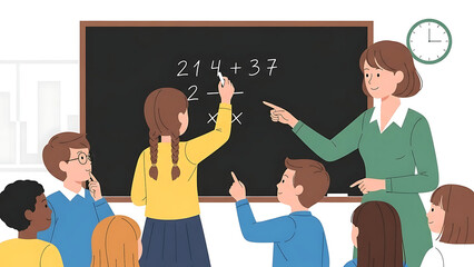 Teacher Assisting Students with Math Problem on Blackboard in Classroom