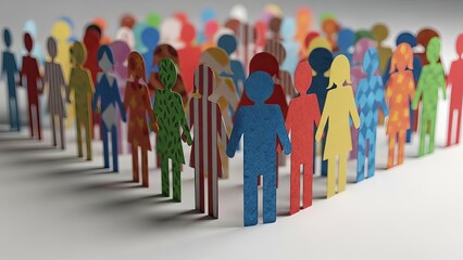 Colorful paper cutouts of people standing in a group, diverse figures with patterned clothing, displayed on a light grey studio background