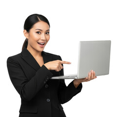 Smiling asian businesswoman in black suit pointing at laptop screen, isolated on transparent background