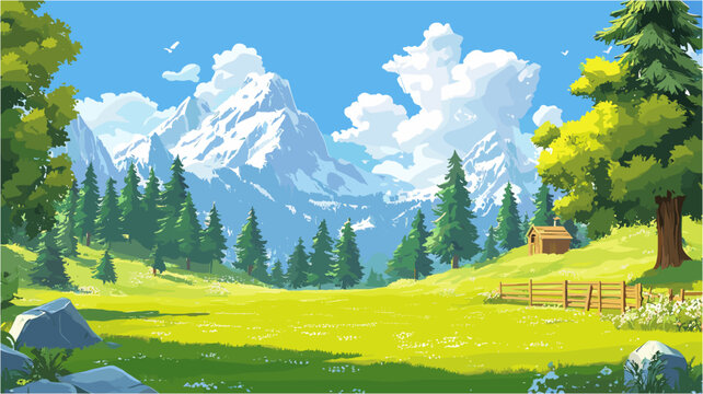 a sunny mountain landscape. Snowy alpine peaks in the background, lush green meadow with pine trees, a small wooden cabin, and a fence under a blue sky with fluffy clouds