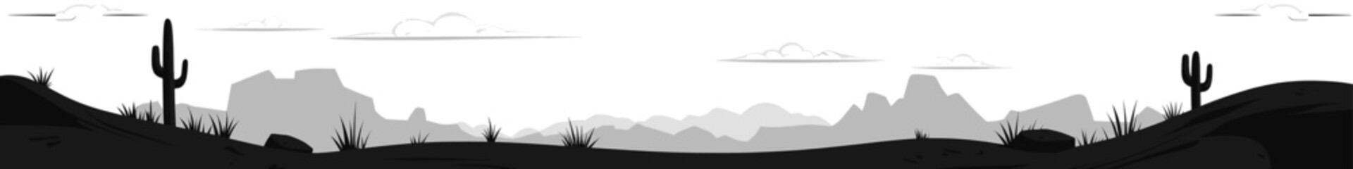 Simple black and white vector silhouette of a wide desert landscape panorama. Minimalist scene featuring saguaro cacti, rolling sand dunes, rocks, and distant grey mountains under a white sky © laurence