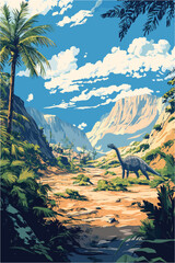 a prehistoric Mesozoic landscape with a dinosaur. Long-necked sauropod walking through a rocky valley with lush palm trees, towering cliffs, and a sunny blue sky background © laurence