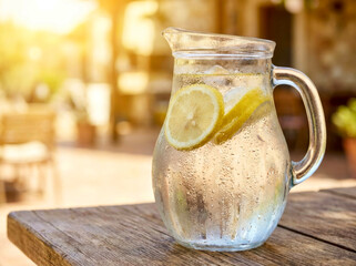 Refreshing beverage with lemon slices in a glass pitcher on a wooden table outdoors during late afternoon
