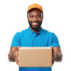 Smiling delivery man in blue shirt and orange cap holding a cardboard package isolated on transparent background