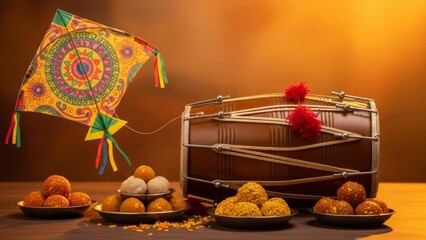 Colorful Indian kite and dhol drum with sweets on a wooden surface