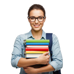 Smiling female student with glasses holding a stack of colorful textbooks and wearing a backpack isolated on transparent background