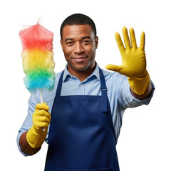 Smiling man in apron and yellow gloves holding a rainbow duster, making a stop gesture isolated on transparent background