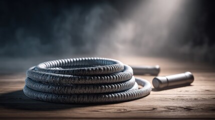 An adjustable jump rope coiled neatly into a circular shape on smooth wood flooring polished handles reflecting soft