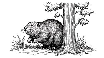 beaver and tree sketch engraving vector illustration T-shirt apparel print design Scratch board imit