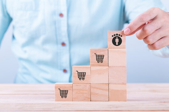 Customer satisfaction and loyalty concept. Evaluation for improving and developing product and service. Customer centric. Customer relationship management and retention. Customer engagement.