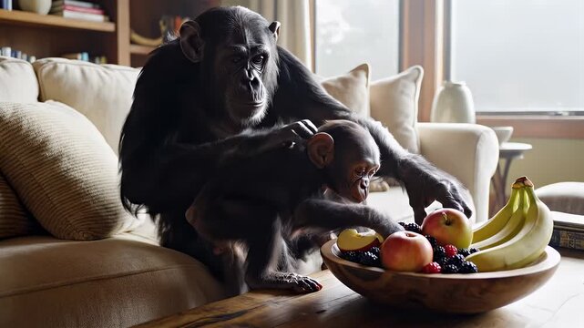 Chimpanzee family enjoying a peaceful moment together, sharing fruits on a cozy couch.