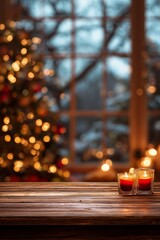christmas background with a wooden table and candles on a blurred window with christmas tree lights