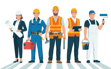 Diverse group of construction workers standing together on a striped floor, wearing various uniforms and holding tools, viewed from the front