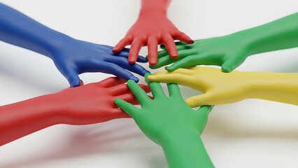 Colorful hands stacked in a circle signifying teamwork and unity on a white background
