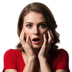 Surprised young woman in red shirt with hands on cheeks looking shocked and amazed, isolated on transparent background