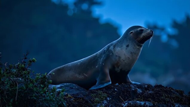 Sea Lion in the Dark - A Majestic Marine Mammal on the Rocks.