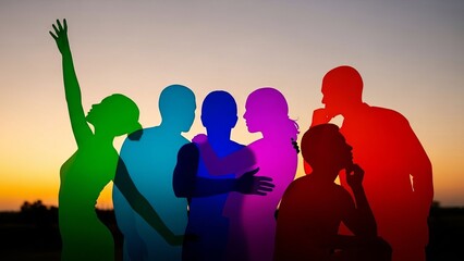Group of diverse people in colorful silhouettes posing together outdoors at sunset