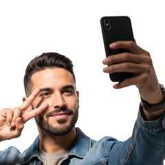 Young man taking a selfie with a smartphone, making a peace sign gesture, isolated on transparent background