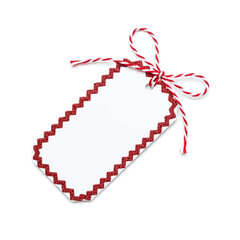 Festive white gift tag adorned with sparkling red glitter zigzag border and baker's twine bow