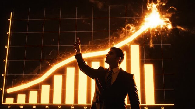 Businessman pointing to upward trend in fiery graph on dark background