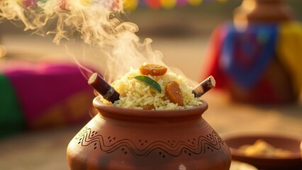 Steaming Pongal in clay pot with sugarcane stalks, outdoor village setting. Harvest festival food