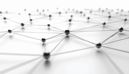 Abstract network of interconnected nodes and lines on a white reflective surface, futuristic technology concept.