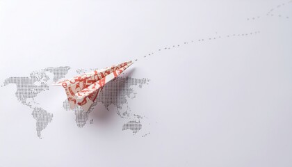 Paper airplane flying over world map made of binary code