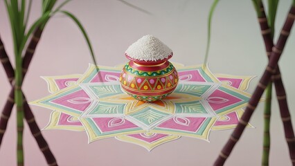 A festive pot filled with rice sits on a colorful rangoli with sugarcane stalks on a light pink background.