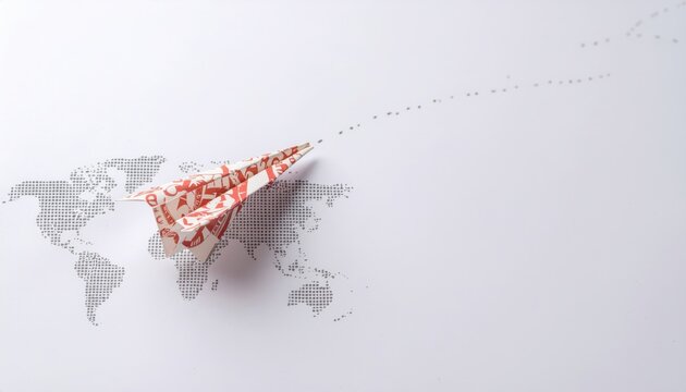 Paper airplane flying over world map made of binary code - Powered by Adobe