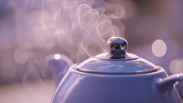 Close-up of steam rising from a hot tea kettle brewing morning beverage
