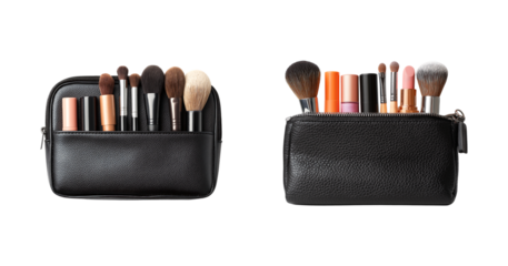 Two Essential beauty tools: cosmetic brushes and lipstick in a black textured case isolated on a transparent background