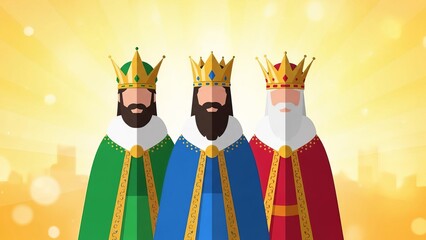 Three kings with crowns and robes stand in front of a city skyline