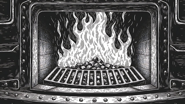 Train firebox with fire flame sketch engraving vector illustration T-shirt apparel print design Scra