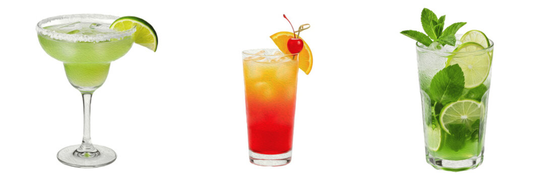 Refreshing Cocktails and Mocktails in Glasses Isolated on White Background