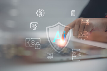 User typing on laptop with AI cybersecurity shield icon. Concept of data protection, artificial intelligence technology, and internet safety. Smart digital defense system against hacker attacks.